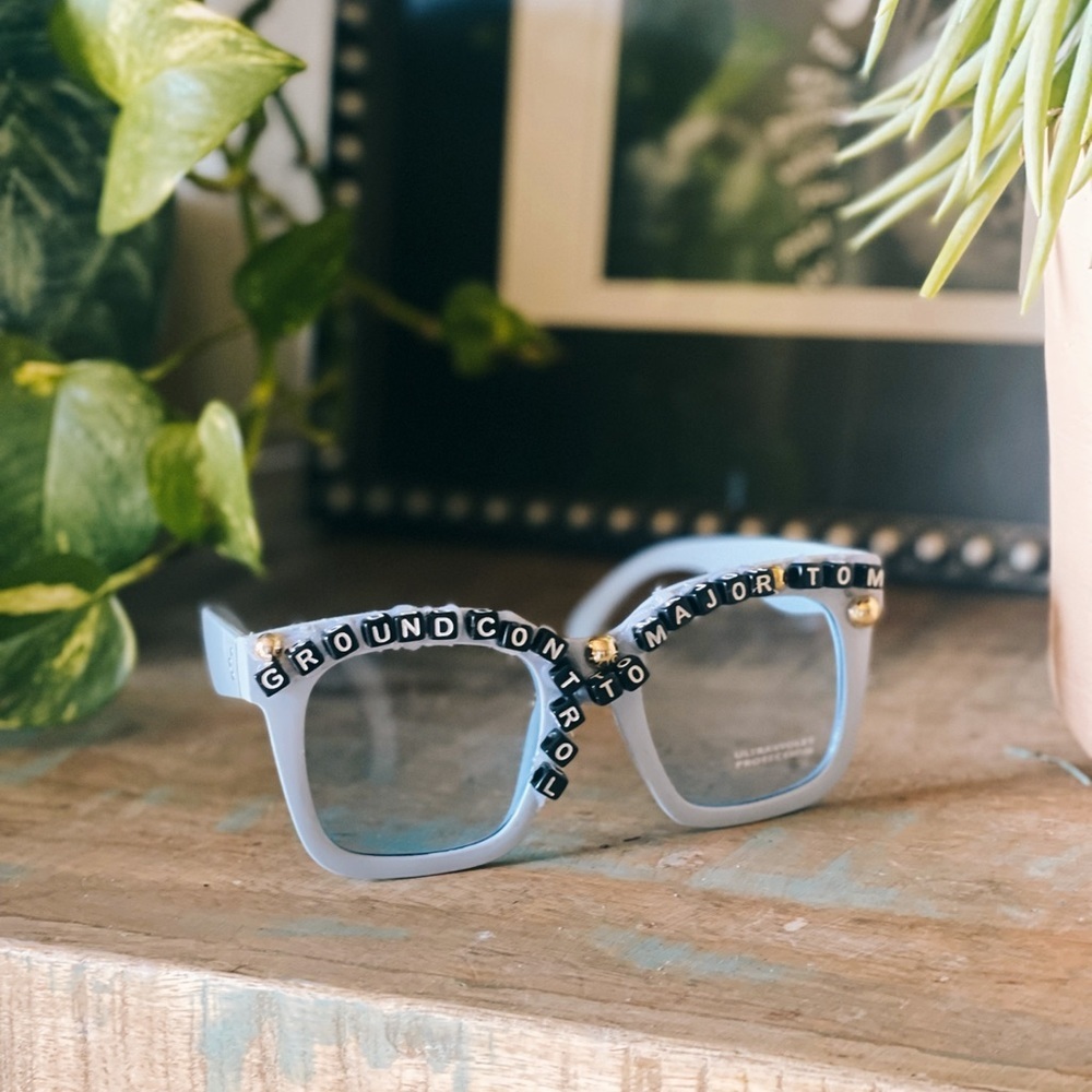 CUSTOM Handmade David Bowie Blue tinted lens festival sunglasses sheer burning
